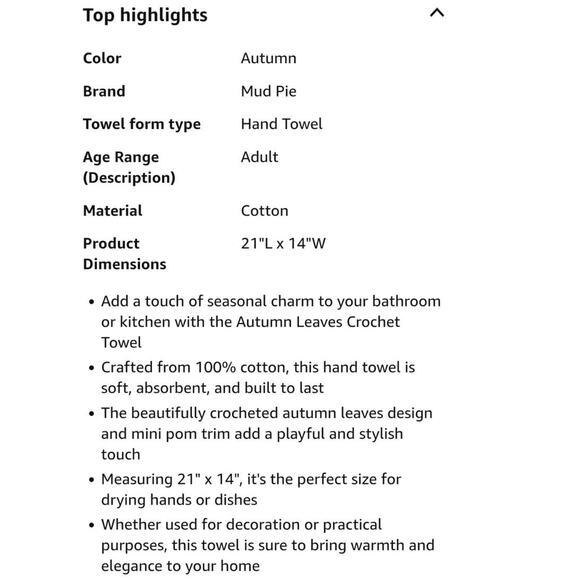 Amazon Mud Pie Thanksgiving Crochet Towel, Autumn, 21" x 14" Brown Cute S6 - Picture 2 of 5